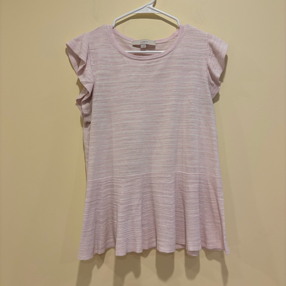 LOFT Light Pink Knit Ruffle Sleeve Flare Hem Top Size L
